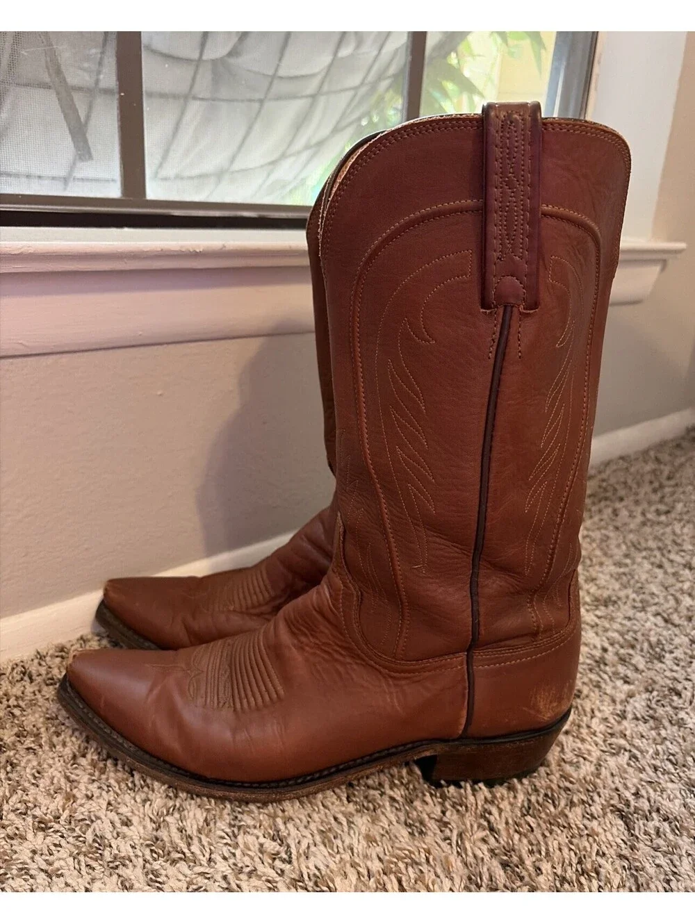 Lucchese Men's Brown Leather Ranch Hand Western Cowboy Boots Pull-On Size 9 D